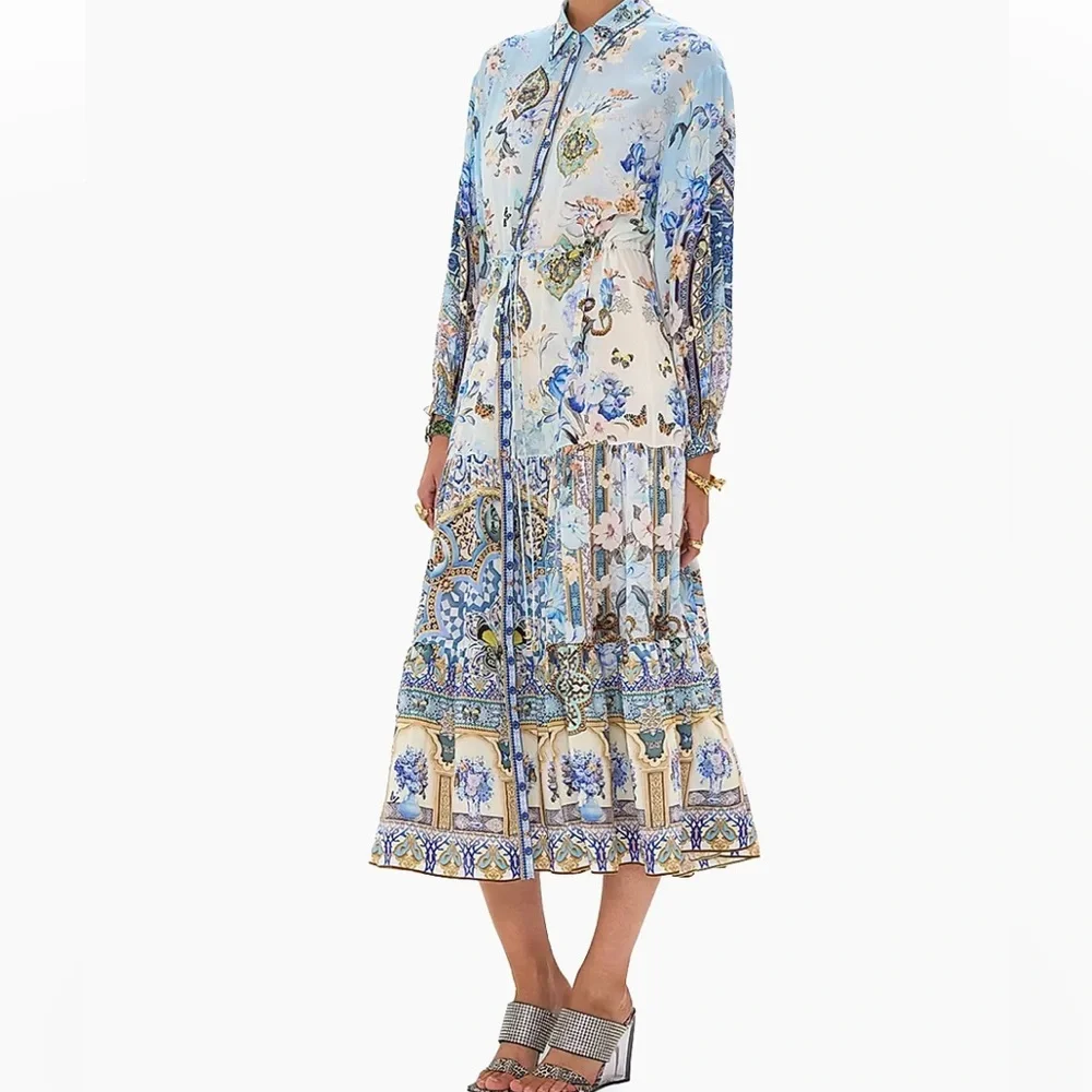 NWT Camilla Floral Silk Tiered Midi Shirtdress Size XS crystals blue - Picture 5 of 15